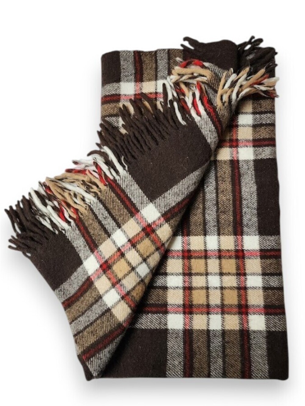 Vtg. Faribo Woolen Mill Afghan Chair Throw Plaid Brown Cream Camel Red 50" X 52"
